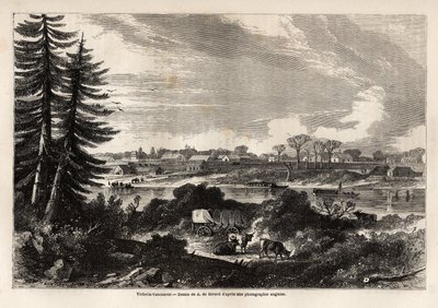 Vista de Victoria-Vancouver, capital de Columbia Británica, dibujo de Auguste de Berard (1824-81) para ilustrar la exploración de las Montañas Rocosas en 1857-59 por el Capitán John Palliser. Grabado en "Le tour du monde, nouveau journal des voyages" París de Evremond de (after) Berard