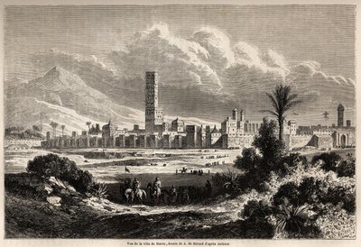 Vista de la ciudad de Marrakech, para ilustrar el viaje del Sr. F. Schickler a Marruecos en 1860. Grabado en "Le tour du monde, nuevo diario de viajes" París de Evremond de (after) Berard