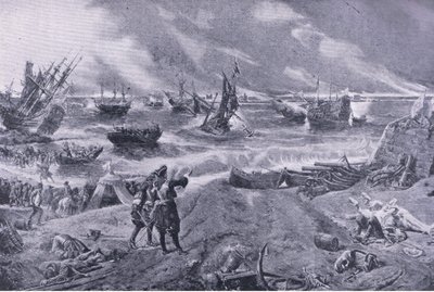 Jacobo II en la batalla de La Hogue, 23 de mayo de 1692, ilustración de British Battles on Land and Sea, 1915 de Eyre Crowe