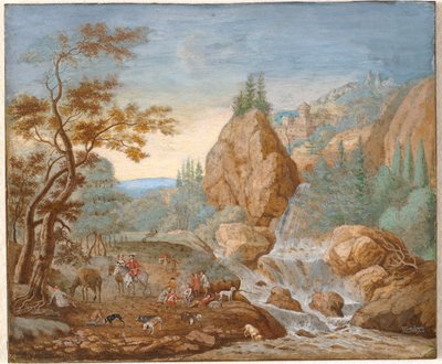 Paisaje montañoso con una partida de caza en primer plano de F.C. van Bracht