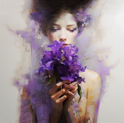 Una hermosa mujer lleva flores abstractas de color púrpura, Wall Art | Impresiones en lienzo de F. Abderrahim