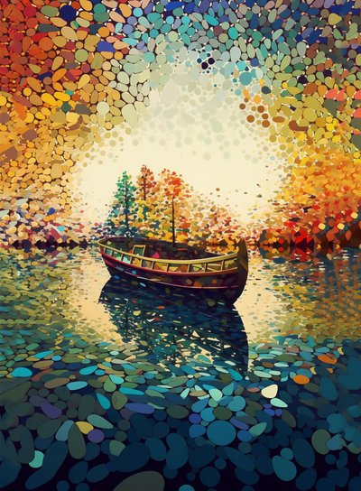 Un barco en un lago caleidoscópico, arte caleidoscópico imprimible, pared Impresión artística de F. Abderrahim