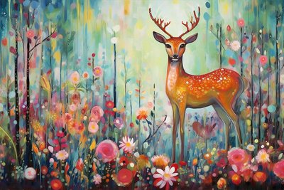 Un ciervo animal en la naturaleza y las flores, los colores brillantes, enmarcado impresiones de arte de la pared de F. Abderrahim