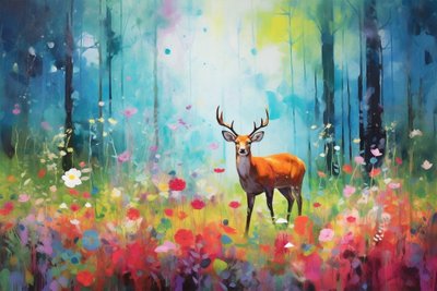 Un ciervo animal en la naturaleza y los árboles del bosque, colores brillantes, impresiones artísticas en lienzo de F. Abderrahim