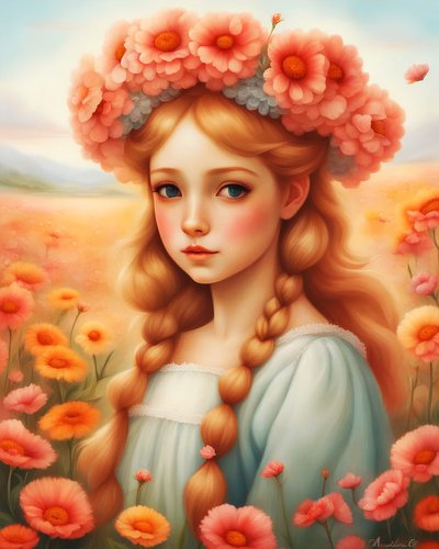 Una niña decorada con flores en un hermoso paisaje, impresiones artísticas de pared personalizadas de F. Abderrahim