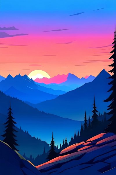 Un paisaje de puesta de sol y picos de montaña, colores azules y morados en un lienzo vertical de F. Abderrahim