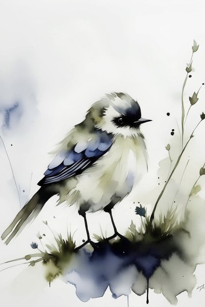 Un pájaro solitario en la pintura de acuarela, decoración de la pared impresiones de arte de interior de F. Abderrahim