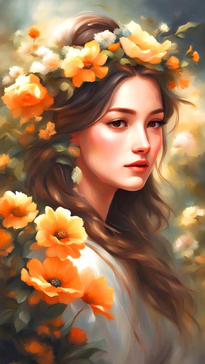 Una mujer decorada con flores en un hermoso paisaje, impresiones de arte de la pared de F. Abderrahim