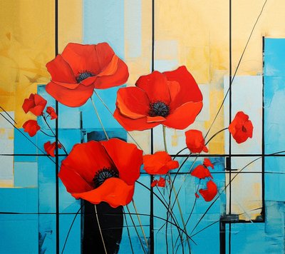 Mondrian abstracto, pintura de flores de amapolas, Wall Art | Impresiones en lienzo de F. Abderrahim