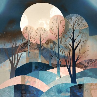 Abstracto Moonglow Pintura, gran luna, azul crema rosa, pared Arte impresión de F. Abderrahim