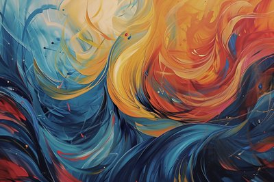 Composición de pintura abstracta en olas de naranja, azul y amarillo, impresiones artísticas de F. Abderrahim