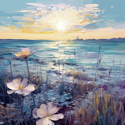 Flores abstractas de color púrpura en un lago azul, Impresiones murales personalizadas, decoración de dormitorios de F. Abderrahim