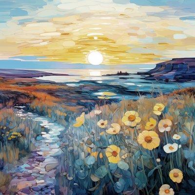 Abstract Purple Flowers in Sunrise Landscape Painting, Impresiones de Arte de Pared de F. Abderrahim