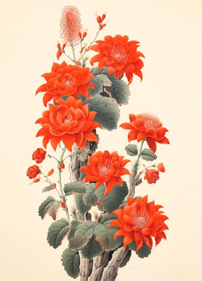 Cactus abstracto con flores, xilografía japonesa, impresiones artísticas enmarcadas para pared de F. Abderrahim