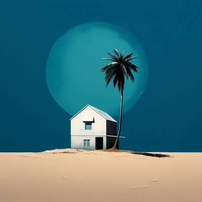 Cabaña abstracta junto a la playa y una palmera, Lienzo enmarcado, Impresión bajo demanda de F. Abderrahim