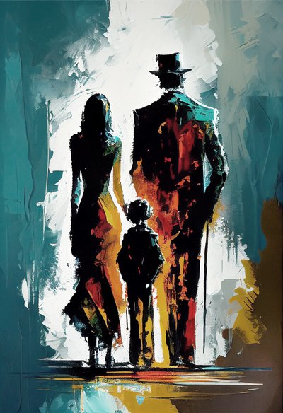 Pintura impresionista abstracta de una familia caminando por la calle, impresiones artísticas de F. Abderrahim