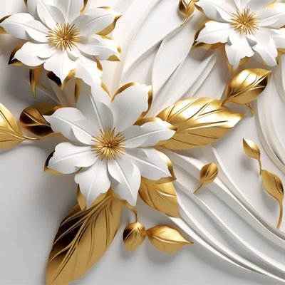 Hojas abstractas y flores blancas, textura dorada, impresiones artísticas de pared de F. Abderrahim