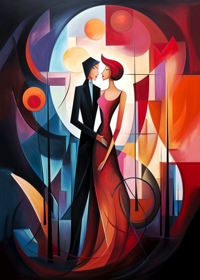 Pintura al óleo abstracta de pareja enamorada, colores vibrantes, Wall Art | Impresiones en lienzo de F. Abderrahim