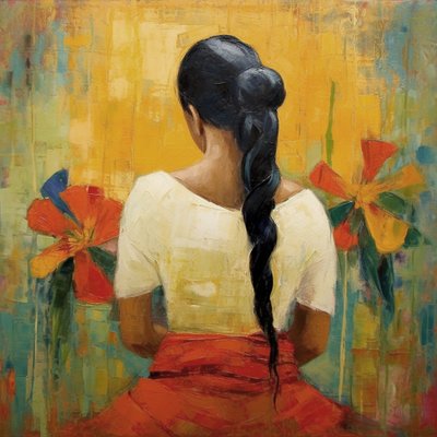 Cuadro abstracto : mujer mexicana de espaldas, arte mural, decoración salón de F. Abderrahim
