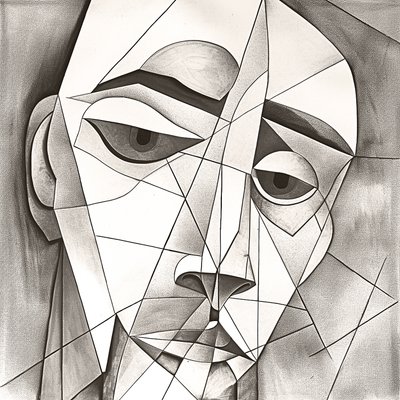 Dibujo abstracto primitivo a lápiz que representa un retrato facial melancólico de F. Abderrahim