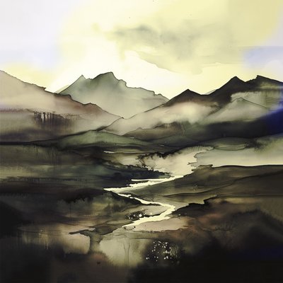 Paisaje abstracto acuarela púrpura oscuro y azul | Impresiones en lienzo de F. Abderrahim