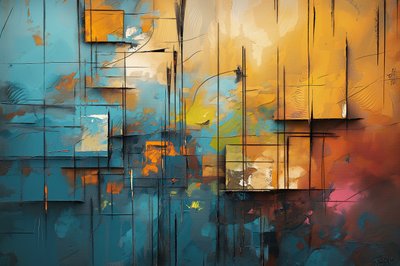 Pintura acrílica sobre lienzo, azul, naranja y amarillo, decoración de la pared del dormitorio de F. Abderrahim