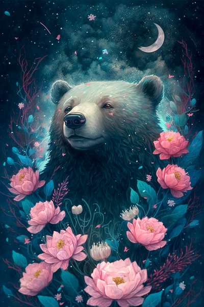Oso en una escena de ensueño rodeado de flores, enmarcado posters impresos de F. Abderrahim