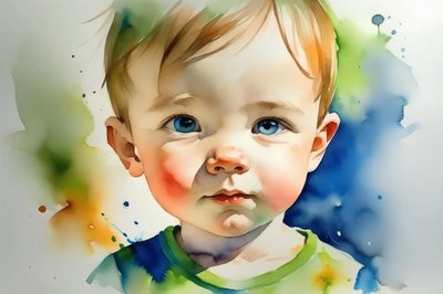 Hermoso retrato de bebé, pintura de acuarela sobre lienzo, decoración de dormitorio de pared, colores vivos de F. Abderrahim