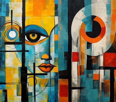 Pintura cubista hermosa, cara femenina en colores vivos, impresiones del arte de la pared de F. Abderrahim