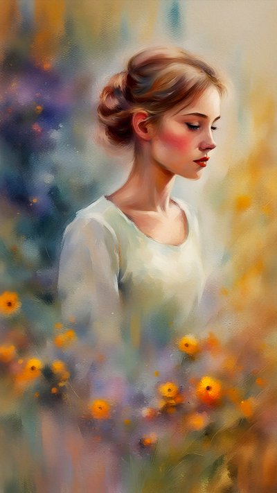 Hermoso retrato de mujer joven y flores pintura sobre lienzo, impresiones de arte de la pared, colores vivos de F. Abderrahim