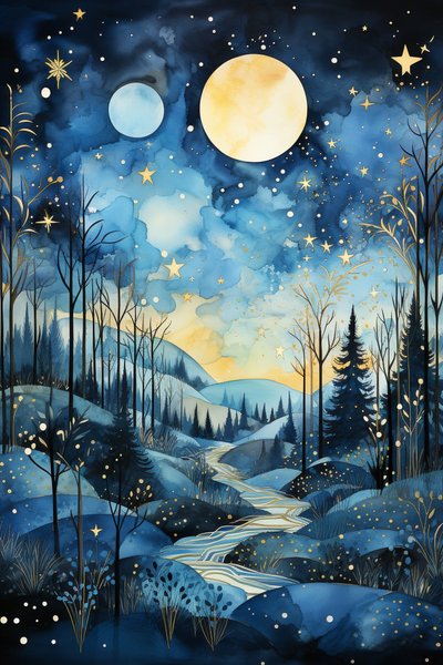 Susurros Celestiales: Acuarela abstracta del cielo azul nocturno de F. Abderrahim