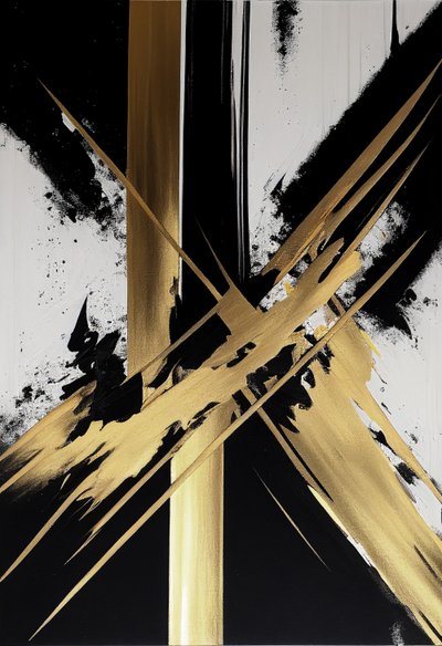 Pintura contemporánea dorada y negra sobre lienzo, impresión de arte mural por encargo de F. Abderrahim
