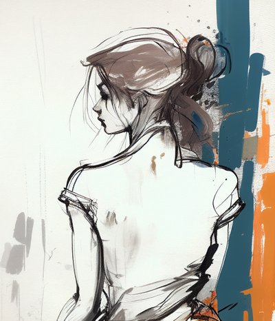 Dibujo de una chica de espaldas, dibujo con líneas minimalistas, impresiones de arte mural de F. Abderrahim