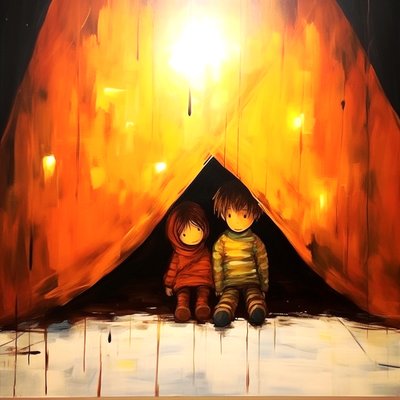 Dibujo de dos niños inocentes, surrealista pared Arte | Impresiones en lienzo de F. Abderrahim