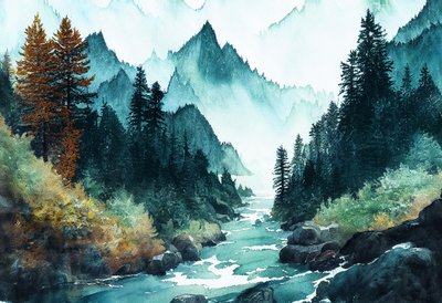 Fantasía oceánica bosque alpino con ríos y colinas, impresiones en lienzo de F. Abderrahim