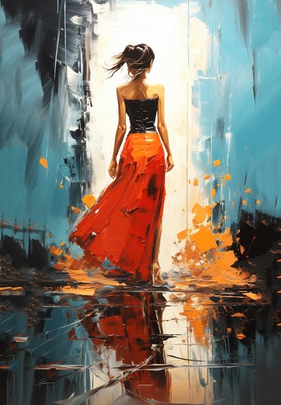 Moda Mujer en un paisaje abstracto En colores brillantes, impresiones de arte de la pared de F. Abderrahim