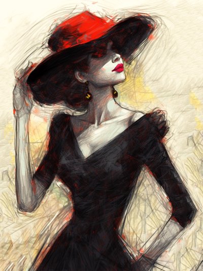 Mujer de moda con un sombrero rojo, pintura abstracta, impresiones de arte de la pared moderna de F. Abderrahim