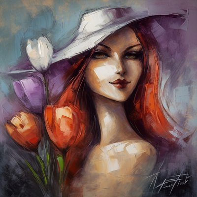 Retrato de chica impresionista y flores de azafrán, Pintura sobre lienzo floral acrílico de F. Abderrahim