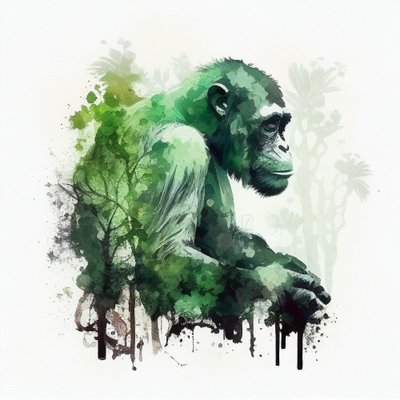 Mono de la selva, chimpancé, Pintura en acuarela de doble exposición, impresiones artísticas de F. Abderrahim