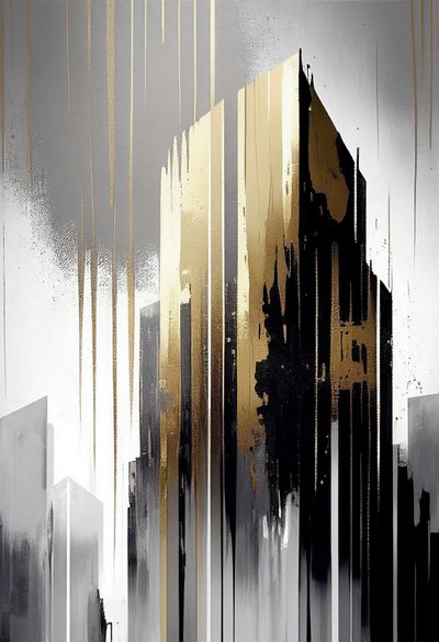 Edificio abstracto de arquitectura minimalista, pintura gris y dorada impresión bajo demanda de F. Abderrahim