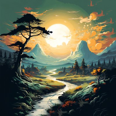 Impresiones en lienzo y pared de Paisaje de montaña y río al amanecer online de F. Abderrahim