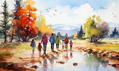 Caminantes por la naturaleza, paisajes de montaña, árboles y agua, impresiones murales en venta de F. Abderrahim