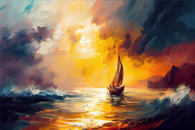 Velero en el mar, paisaje marino amanecer pintura sobre lienzo, impresiones de arte de la pared de F. Abderrahim