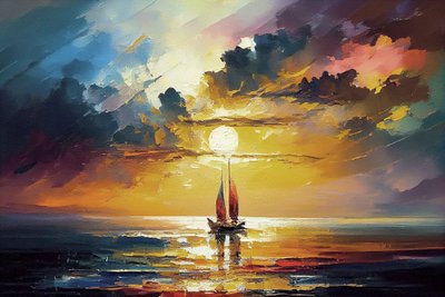 Paisaje marino en velero, puesta de sol naranja en lienzo, ideas de decoración de pared, impresiones artísticas de F. Abderrahim