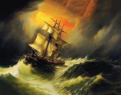 Barco en una tormenta en el mar, estilo de pintura William Turner, impresión bajo demanda de F. Abderrahim