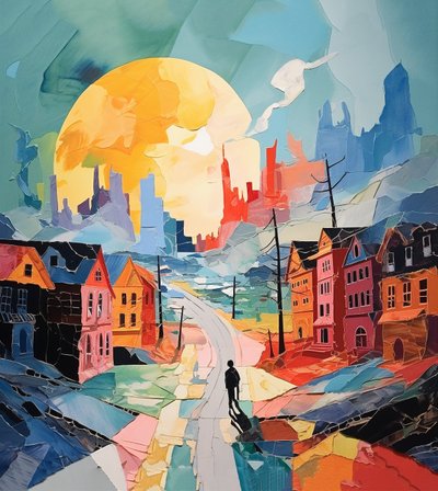 Snowy Day in Old Town, Surrealismo Paisaje de invierno, Impresiones murales de Arte de F. Abderrahim