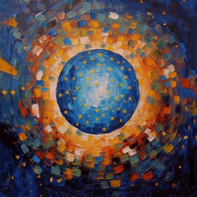 Pintura artística mosaico puesta de sol, azul y naranja, impresión en lienzo, decoración de pared de F. Abderrahim