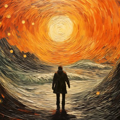 Escena surrealista, un hombre en las olas del mar, estilo impresionista de Vincent van Gogh de F. Abderrahim