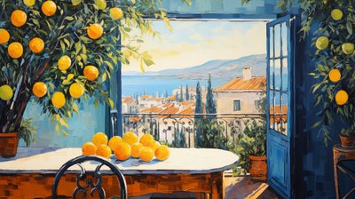 arte naif abstracto impresionismo, ventana sobre paisaje, decoracion de pared de dormitorio de F. Abderrahim