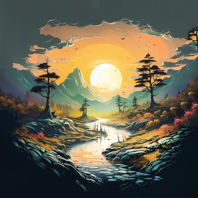 fantasia montañas Puesta de sol paisaje naturaleza dibujo digital , Wall Art | Impresiones en lienzo de F. Abderrahim